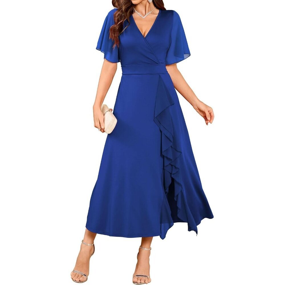 Zaful Womens Royal-Blue V Neck Flared Sleeve Split Semi Formal Modest Gowns